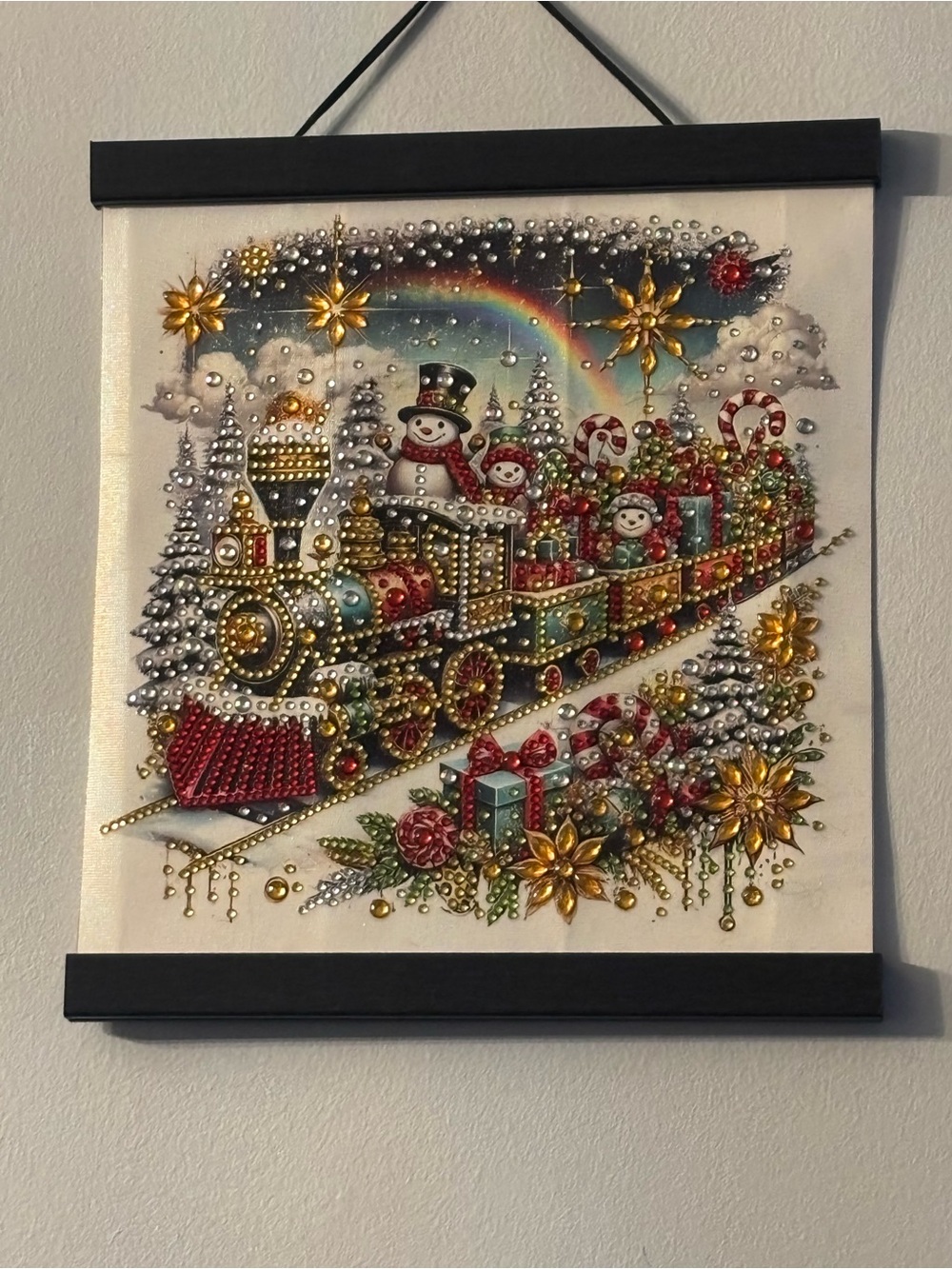 Completed Diamond Art Christmas Rhinestone Festive Train w/Gifts and Snowmen